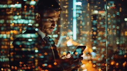 double exposure image of businessman man using mobile smart phone mix with flip night creative city background - Powered by Adobe