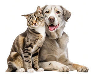 Tabby cat and dog friendship isolated on a transparent background