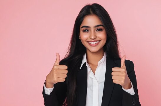 Confident Indian woman in formal wear doing a double thumbs-up, radiant smile