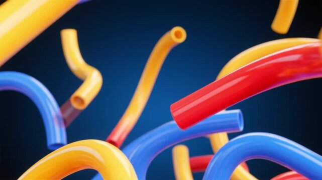 Abstract 3D colorful twisted tubes flowing in loop, suitable for vibrant backgrounds or playful digital motion graphics.