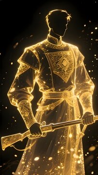 Ancient and Modern Military Costume Series : Streltsy Army from Russia, a splendid and beautiful illustration with dark background and golden light particles outline 001