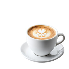 Fototapeta premium A white cup of coffee with intricate latte art sits on a matching saucer.