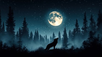 Silhouette of a wolf howling at the full moon in a misty forest at night.