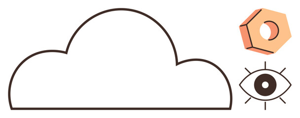 Cloud outline paired with eye symbol and orange hexagon. Ideal for technology, innovation, vision, cloud computing, security, creativity, and futuristic concepts. Minimalist flat metaphor