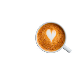 A white cup of cappuccino with creamy foam art shaped like a heart on top.
