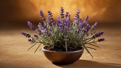Fototapeta premium Lavender in ceramic pot on warm toned background: serene floral aesthetic for modern spaces