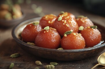 High-resolution studio image of Gulab Jamun in a rustic bronze plate