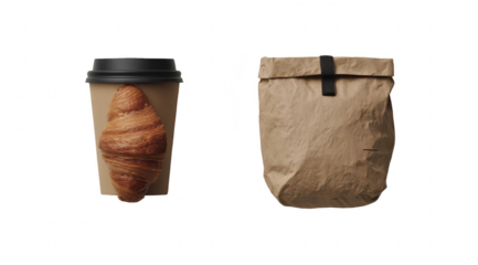 Coffee cup and brown paper bag with croissant