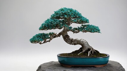 Fototapeta premium Serene bonsai displayed in stunning teal pot on stone surface: artistic nature and zen aesthetics