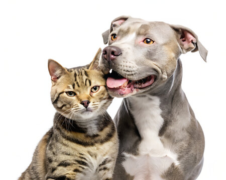 Tabby cat and grey pitbull isolated on a transparent background
