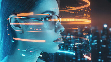 Woman with futuristic glasses and digital overlay: A young woman wearing glasses is partially overlaid with futuristic digital data streams and a blurred cityscape backdrop.