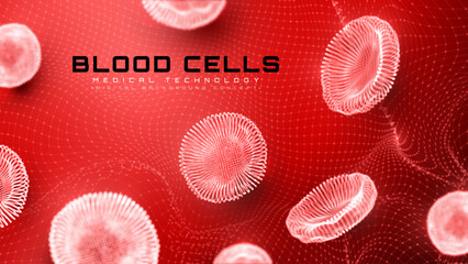 Red blood cells glow on dark red background. Abstract hematology wave medical technology scene, Vector illustration.