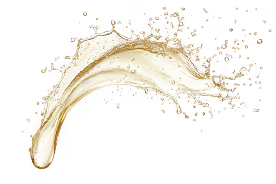 Dynamic champagne splash png image for design projects, liquid motion, sparkling wine, celebration, party, beverage isolated on transparent background