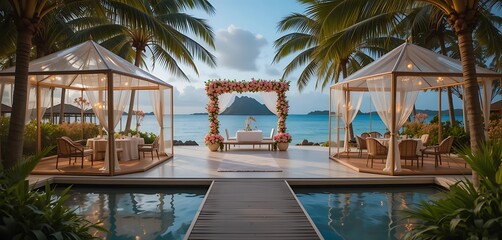 Fototapeta premium Fiji private island wedding with palm-framed transparent tents, floating floral mandalas, and ocean infinity platform.