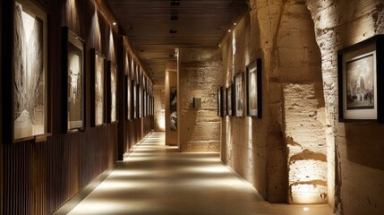 Fototapeta premium Long Stone Corridor Gallery Interior With Warm Lighting