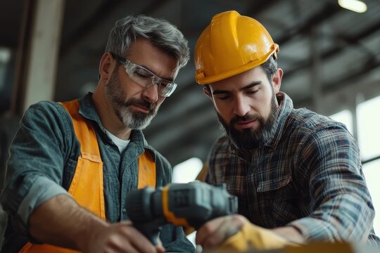 Experienced construction workers collaborating on a project in a well lit industrial setting, Male construction worker or tradesman working with male apprentice, showing him how to use a drill