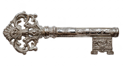 Ornate antique key, metallic silver-gray, detailed carvings