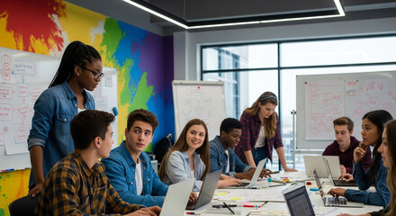 Diverse Group of Students Collaborating on a Project in a Modern Classroom, Using Laptops and Engaging in Discussions, With a Teacher Overseeing Progress