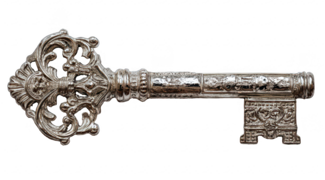 Ornate antique key, metallic silver-gray, detailed carvings