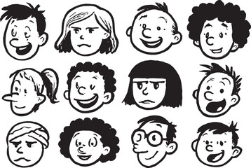 Hand Drawn Cartoon Faces with Various Emotions – Black and White Sketch