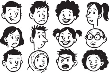 Hand Drawn Cartoon Faces with Various Emotions – Black and White Sketch