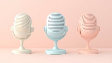 Three pastel-colored retro microphones on a pink background.