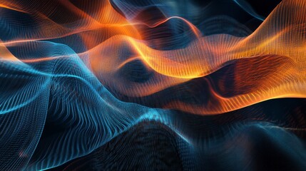 Fototapeta premium Abstract flowing wave lines in blue and orange hues on a dark background.