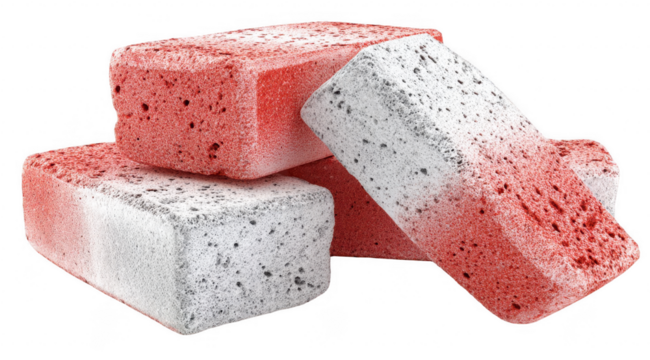 Stacked, rectangular, red and white blocks