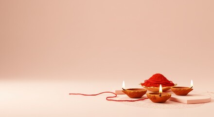 Minimalist banner with symbolic Anant Chaturdashi threads and diyas, soft pastel background