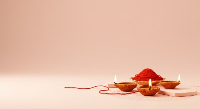 Minimalist banner with symbolic Anant Chaturdashi threads and diyas, soft pastel background
