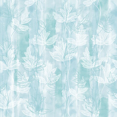 Monochrome seamless pattern of abstract leaves on blue watercolor. Art floral endless background. Vector. Perfect for design templates, wallpaper, wrapping, fabric, print and textile. 