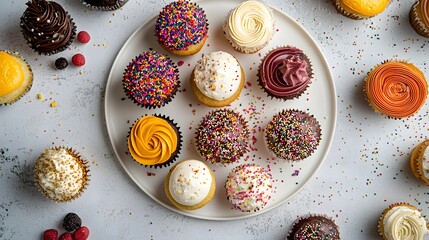55. Assortment of colorful cupcakes with various frostings and sprinkles