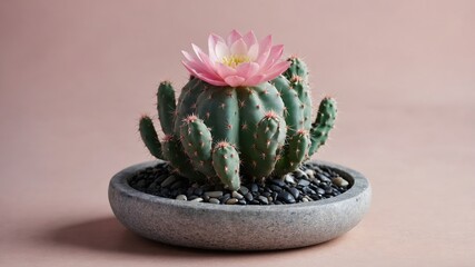 Blooming cactus with pink flower in stone pot against soft pink background