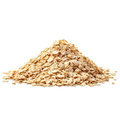 Obraz premium Pile of rolled oats on a clean white background. Centered studio composition with scattered flakes. Natural nutrition and wholesome energy concept. Ideal for cereal packaging, recipe blogs