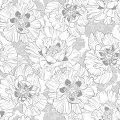 Peony flowers. Floral vector seamless pattern. Monochrome contours and silhouettes. Perfect for design templates, wallpaper, wrapping, fabric, print and textile. 