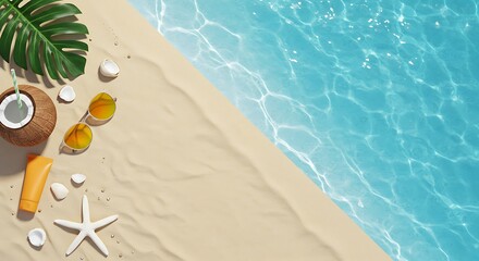 Naklejka premium Tropical Beach Scene with Coconut, Sunglasses, and Clear Blue Water