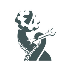 Flat minimalist illustration for logo and icon of octopus or kraken tentacle holding a gear and wrench for workshop, mechanic, service, maintenance, garage shop industry