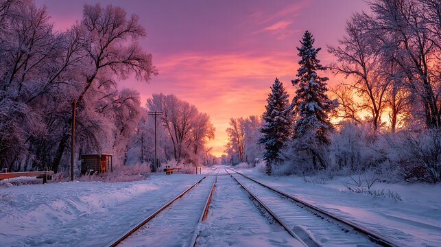 Winter's Embrace A Frozen Railway Under a Spectacular Sunrise Sky