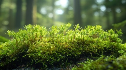 Fototapeta premium Fresh moss sprouts in a sunlit forest.
