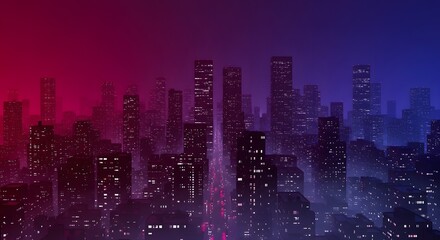 Fototapeta premium Cityscape lights illuminate urban skyscrapers at night in a vibrant gradient of red and blue colors.
