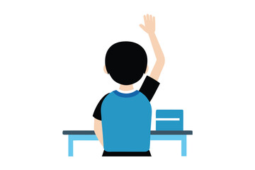Young student in classroom raising left hand seen from behind