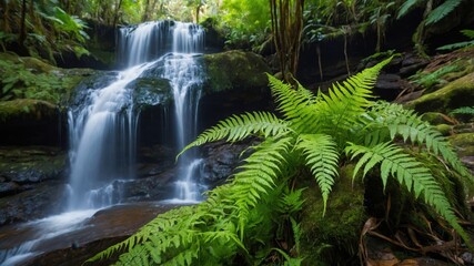 Serene forest waterfall with vibrant ferns in a tranquil green oasis