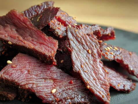 Savoring homemade beef jerky made from marinated cuts with a rich, smoky flavor at a kitchen counter
