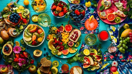 100. Overhead shot of a vibrant picnic spread with sandwiches, fruit, and drinks