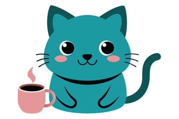 Adorable cartoon cat enjoying a hot coffee mug on a clean white background