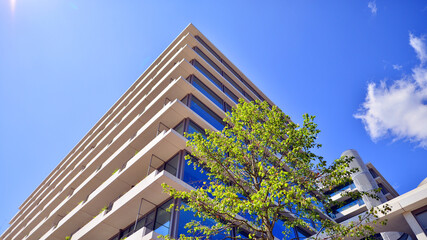 Office with green environment. Corporate building reduce CO2. Sustainable glass office building...