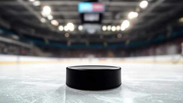Ice hockey puck resting on the rink during a game at an indoor arena with fans cheering in the background