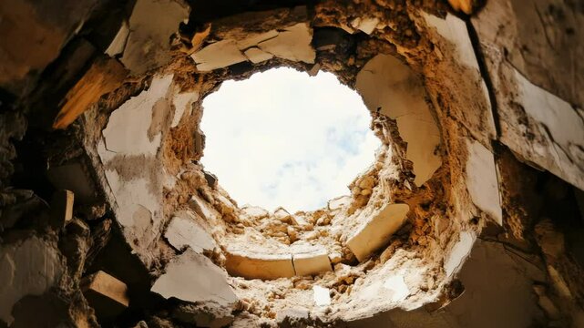 Rough hole broken wall with cracked plaster and brick texture reveals cloudy sky through opening, showing debris and rubble damaged ceiling with natural light shining through weathered construction