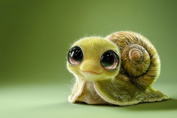 cute snail with cute big eyes on green background