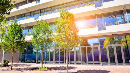 Modern office building with glass facade. Transparent glass wall of office building. Reflection of...